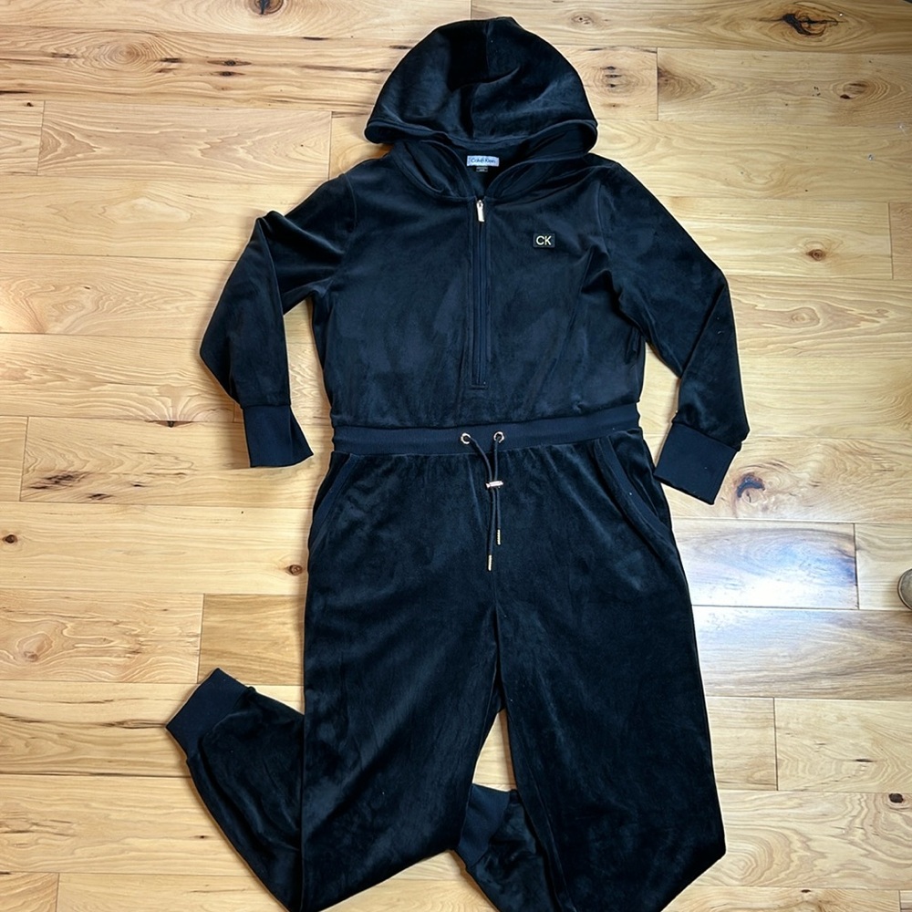 Calvin Klein Black Velour Hooded Jumpsuit Romper
